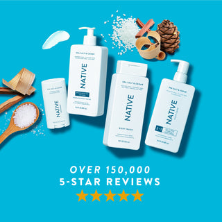 Native Sea Salt & Cedar product collection with text reading “Over 150,000, 5-star reviews” and five yellow stars