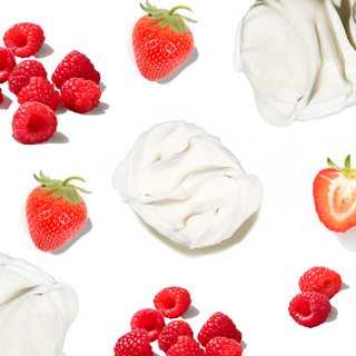 Arrangment of strawberry, raspberry, and vanilla cream