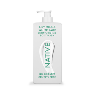 Native Lily Milk & White Sage Body Wash with text reading “No Sulfates, Cruelty Free” on white bottle