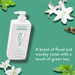 Native Lily Milk & White Sage Body Wash promoting “A boost of floral and woodsy notes with a touch of green tea”