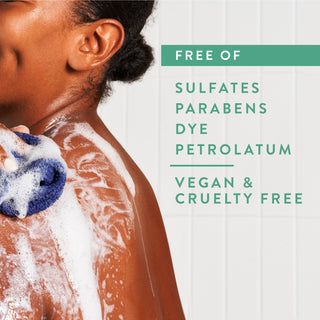 Person lathering in shower with text reading “Free of sulfates, parabens,  dye, petrolatum, vegan & cruelty free”