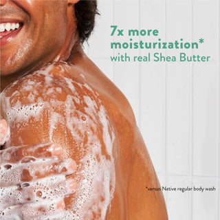Person lathering in shower with text reading “7x more moisturization* with real Shea Butter”