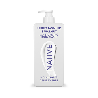 Native Night Jasmine & Walnut Body Wash with text reading “No Sulfates, Cruelty Free” on white bottle