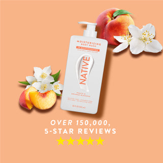 Native Peach & Orange Blossom product with text reading “Over 150,000, 5-star reviews” and five stars