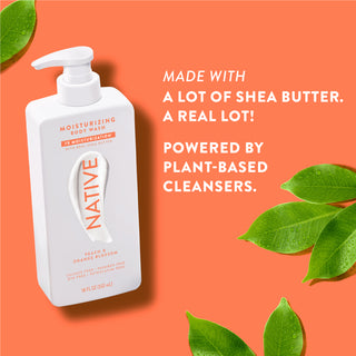 Native Peach & Orange Blossom Body Wash promoting “Made with a lot of shea butter. a real lot! Powered by plant-based cleansers”