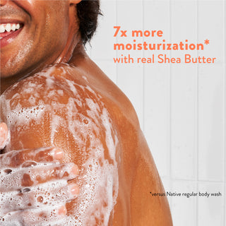 Person lathering in shower with text reading “7x more moisturization* with real Shea Butter”