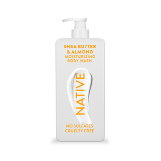 Native Shea Butter & Almond Body Wash with text reading “No Sulfates, Cruelty Free” on white bottle