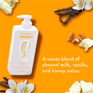Native Shea Butter & Almond Body Wash promoting “A sweet blend of almond milk, vanilla, and honey notes”