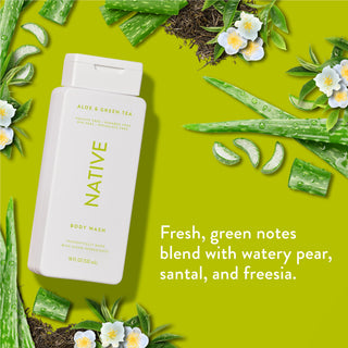 Native Aloe & Green Tea Body Wash promoting “Fresh, green notes, blend with watery pear, santal, and freesia” next to aloe vera leaves