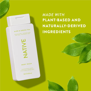 Native Aloe & Green Tea Body Wash with text reading “Made with plant-based and naturally-derived ingredients” next to green leaves
