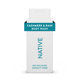 Native Cashmere & Rain Body Wash bottle with white packaging and teal text