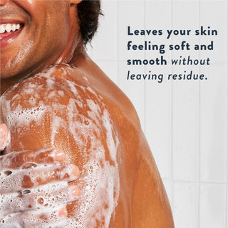 Person lathering with body wash and text reading “Leaves your skin feeling soft and hydrated without leaving a residue”