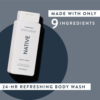 Native Charcoal Body Wash with text reading “Made with only 9 clean ingredients” and “24-HR refreshing body wash”