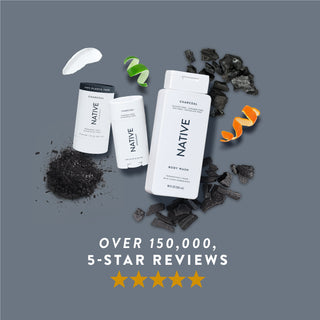 Native Charcoal product lineup with text reading “Over 150,000, 5-star reviews” and five stars