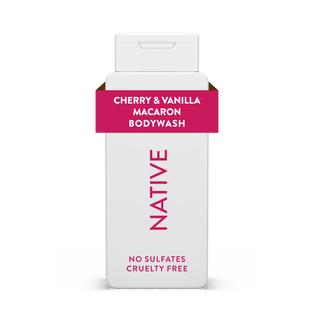 Native Cherry & Vanilla Macaron Body Wash bottle with white packaging and pink text