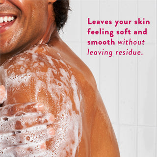 Person lathering with body wash and text reading “Leaves your skin feeling soft and hydrated without leaving a residue”