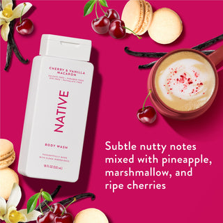 Native Cherry & Vanilla Macaron Body Wash promoting “Subtle nutty notes mixed with pineapple, marshmallow, and ripe cherries”