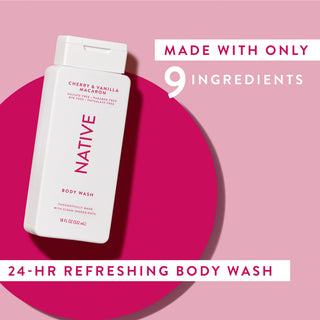 Native Cherry & Vanilla Macaron Body Wash with text reading “Made with only 9 clean ingredients” and “24-HR refreshing body wash”