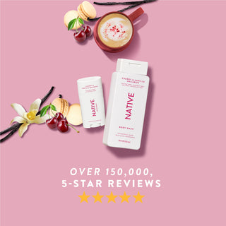 Native Cherry & Vanilla Macaron product lineup with text reading “Over 150,000, 5-star reviews” and five stars