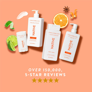 Native Citrus & Herbal Musk product lineup with text reading “Over 150,000, 5-star reviews” and five stars