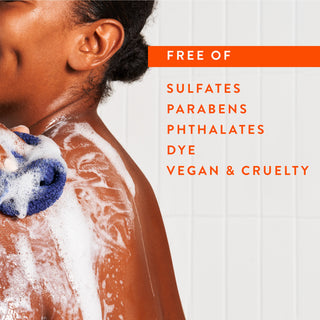Person lathering in shower with text reading “Free of sulfates, parabens, phthalates, dye, vegan & cruelty free”