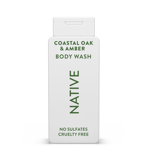 Native Coastal Oak & Amber Body Wash with text reading “No Sulfates, Cruelty Free” on white bottle