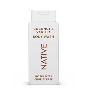 Native Coconut & Vanilla Body Wash with text reading “No Sulfates, Cruelty Free” on white bottle