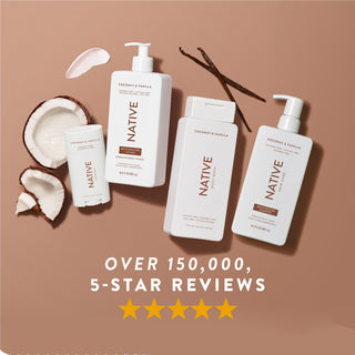 Native Coconut & Vanilla product lineup with text reading “Over 150,000, 5-star reviews” and five stars