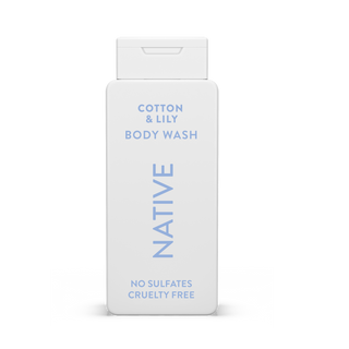 Native Cotton & Lily Body Wash with text reading “No Sulfates, Cruelty Free” on white bottle