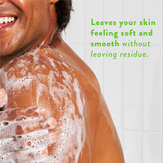 Person lathering with body wash and text reading “Leaves your skin feeling soft and hydrated without leaving a residue”