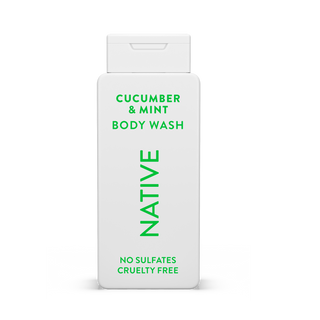 Native Cucumber & Mint Body Wash with text reading “No Sulfates, Cruelty Free” on white bottle