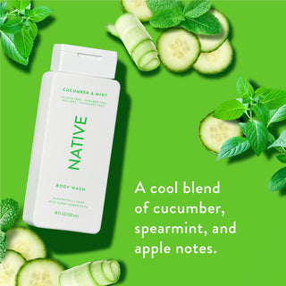 Native Cucumber & Mint Body Wash promoting “A cool blend of cucumber, spearmint, and apple notes”