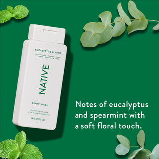 Native Eucalyptus & Mint Body Wash promoting “Notes of eucalyptus and spearmint with a soft floral touch”