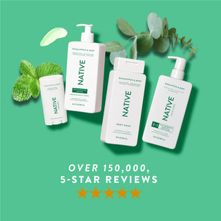 Native Eucalyptus & Mint product lineup with text reading “Over 150,000, 5-star reviews” and five stars