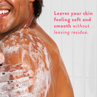 Person lathering with body wash and text reading “Leaves your skin feeling soft and hydrated without leaving a residue”