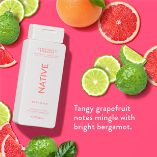 Native Grapefruit & Bergamot Body Wash with text reading “Tangy grapefruit notes mingle with bright bergamot”