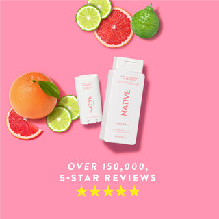 Native Grapefruit & Bergamot product lineup with text reading “Over 150,000, 5-star reviews” and five stars