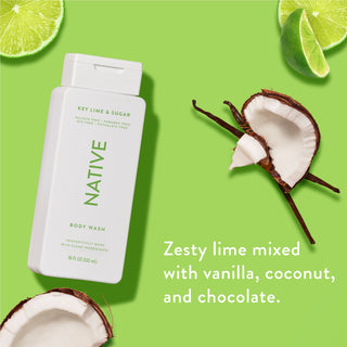 Native Key Lime & Sugar Body Wash promoting “Zesty lime mixed with vanilla, coconut, and chocolate”