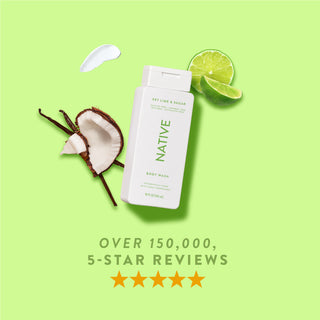 Native Key Lime & Sugar product lineup with text reading “Over 150,000, 5-star reviews” and five stars