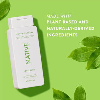 Native Key Lime & Sugar Body Wash with text reading “Made with plant-based and naturally-derived ingredients” next to green leaves