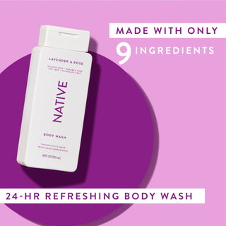 Native Lavender & Rose Body Wash with text reading “Made with only 9 clean ingredients” and “24-HR refreshing body wash”