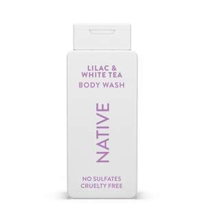 Native Lilac & White Tea Body Wash with text reading “No Sulfates, Cruelty Free” on white bottle