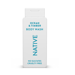 Native Ocean & Timber Body Wash with text reading “No Sulfates, Cruelty Free” on white bottle