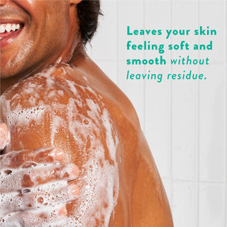 Person lathering with body wash and text reading “Leaves your skin feeling soft and hydrated without leaving a residue”