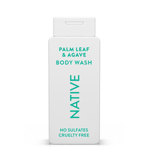 Native Palm Leaf & Agave Body Wash with text reading “No Sulfates, Cruelty Free” on white bottle