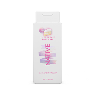 Native Piece of Cake Body Wash bottle with white packaging and pink text