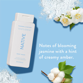 Native Powder & Cotton Body Wash promoting “Notes of blooming jasmine with a hint of creamy amber”