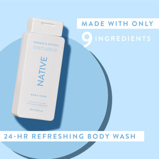 Native Powder & Cotton Body Wash with text reading “Made with only 9 clean ingredients” and “24-HR refreshing body wash”