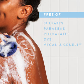 Person lathering in shower with text reading “Free of sulfates, parabens, phthalates, dye, vegan & cruelty free”