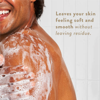 Person lathering with body wash and text reading “Leaves your skin feeling soft and hydrated without leaving a residue”